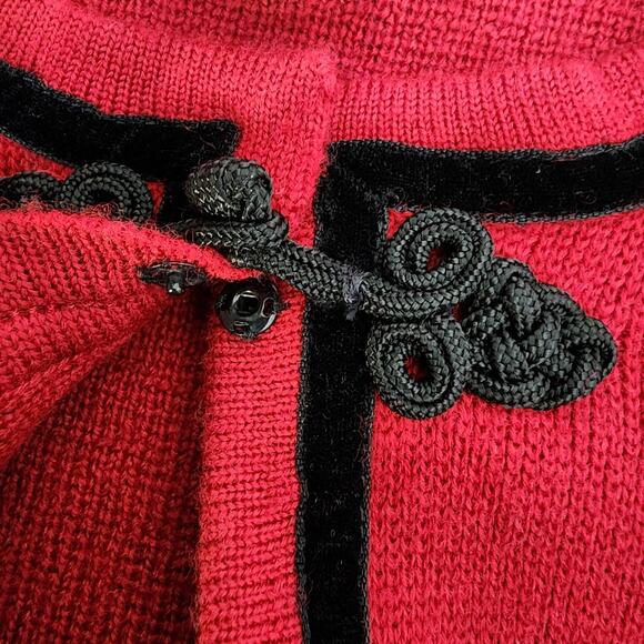 Talbots Cardigan Sweater Medium Red Black Velvet Trim Snap Toggle Merino Wool - Picture 7 of 9